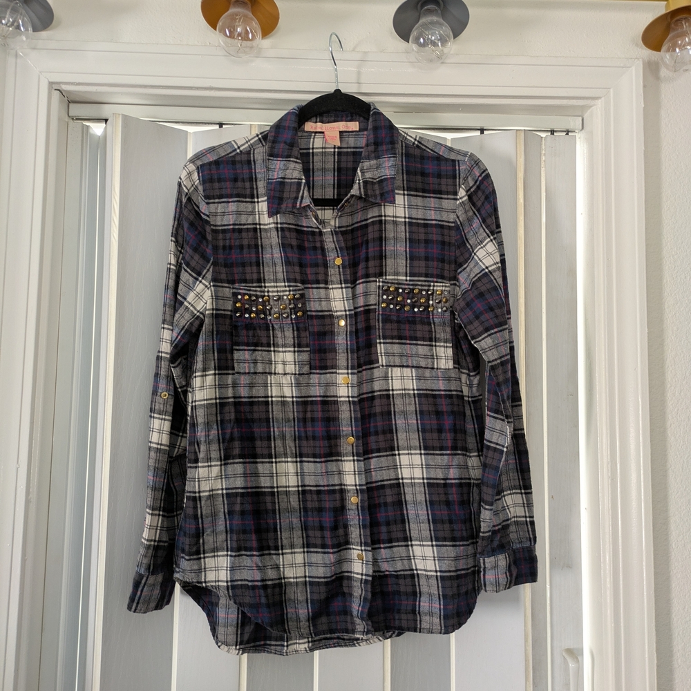 Rebellious One Blue  and Red Plaid Button Down Shirt Silver Gold Accents Snap Cl